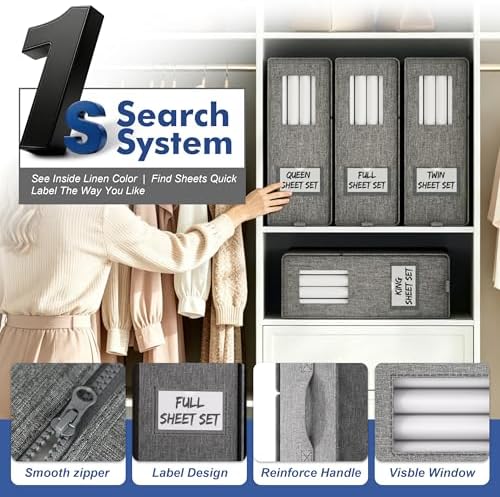 Furnhome Bed Sheet Organizers and Storage 4 Pack for Linen Closet, Foldable Sheet Set Holder with Window & Labels, Stack