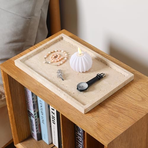Marble Vanity Tray, 12 Inch Rectangular Travertine Tray for Bathroom Countertop Dresser, Large Marble Tray for Kitchen, 
