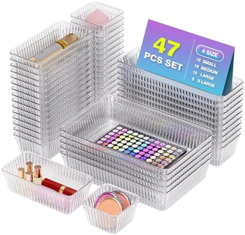 47 PCS Clear Plastic Drawer Organizer Set, Makeup Organizer Trays