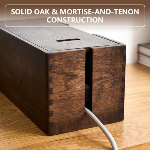 Oak Wood Cable Management Box - Large Cord Hider & Organizer with Magnetic Lid for Desk & Floor Cables in Home Office, L