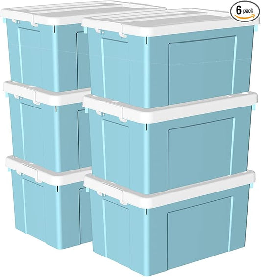 Cetomo Lidded Storage Bin with Handle, Tote Organizing Container with Wheels, Lid and Secure Latching Buckles, Stackable and Nestable, Plastic, 95 Quart-6 Pack, Blue