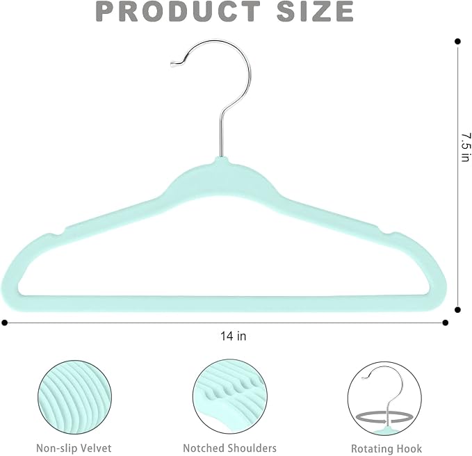 BAGAIL50 Pack Kids Velvet Hangers 14” Inch Children's Clothes Hangers Non-Slip Baby Hangers for Infant/Toddler (Mint)