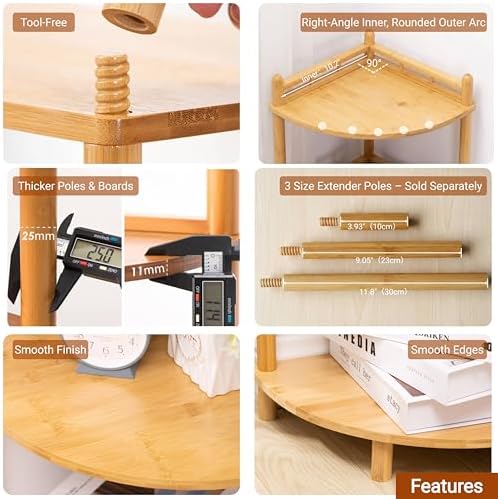 3-Tier Expandable Bamboo Corner Shelf Stand,Corner Bookshelf, Display Storage Shelves with Open Shelves, for Organizatio