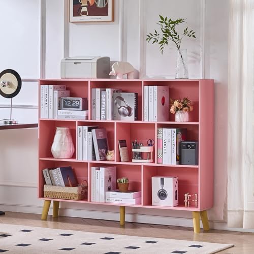 LEYAOYAO 10 Cube Bookshelf,Mid-Century Modern Bookcase with Legs,Light Pink