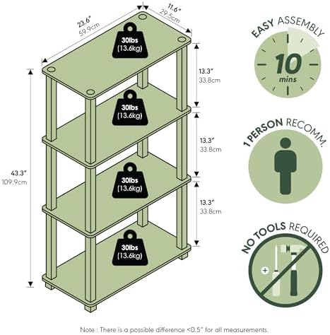 Furinno TURN-S-TUBE Storage Shelves, 4-Tier Book Shelf, Corner Shelf, Toolless Open Shelves, for Organization and Storag
