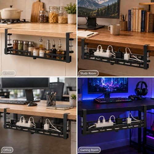 No Drill Under Desk Cable Management Tray, Adjustable 17.6"-27.4" Clamp-On Metal Cable Tray for Power Strip, Under Desk 