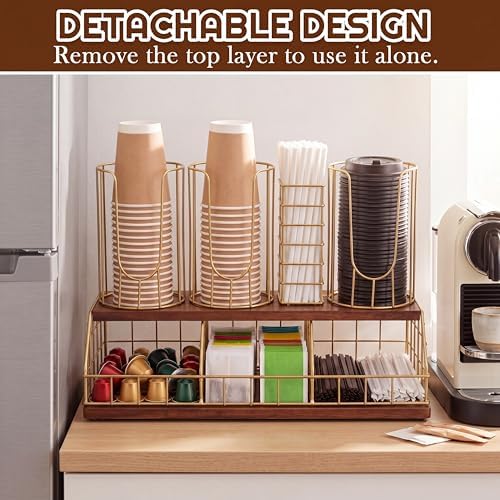 Geelin 18oz Adjustable Coffee Cup Dispenser with Wooden Base, Cup and Lid Holder, Cups Holder Organizer for Coffee Pod S