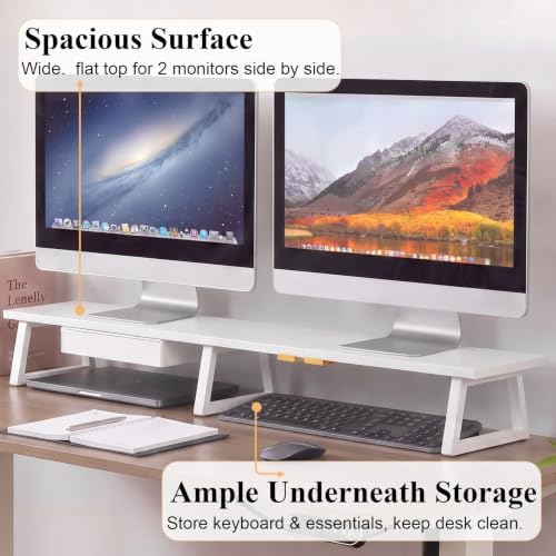 TEAMIX 42 inch Dual Monitor Stand with Storage Drawer & Phone Holder, White
