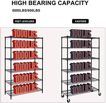 Storage Shelves 6000lbs Capacity, 6 Tier Metal Shelf on Casters 48" L×18" W×76" H Movable Heavy Duty Shelving Unit NSF W