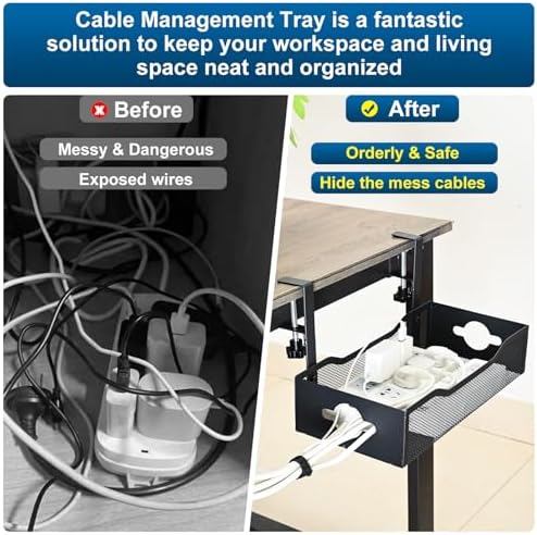 Large Under Desk Cable Management Tray - Heavy Duty Metal Cord Organizer with No Drill Installation for Office & Home Of