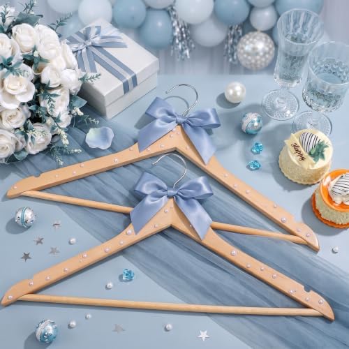 Wonderjune Bule 10 Pcs Bride Hanger for Wedding Bride Groom Bridesmaid Ribbon Bow Pearl Hanger Wood Color Elegant Wooden Dress for Bridal Shower Tuxedo Photo Keepsake Party Gift (Pearl Bow)