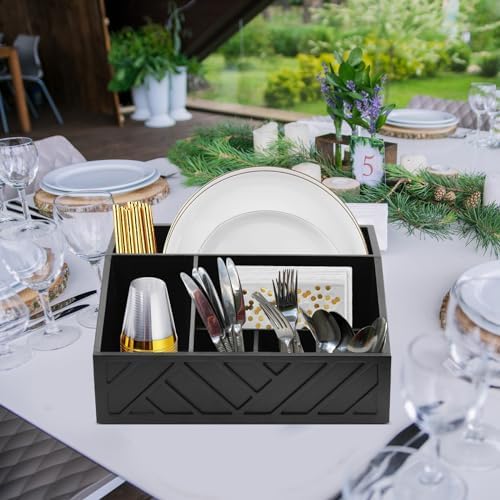 Ukonvi Paper Plate Dispenser, Paper Plate Holder for Kitchen Counter, Wood Rustic Silverware Utensil Caddy, Cutlery Flat