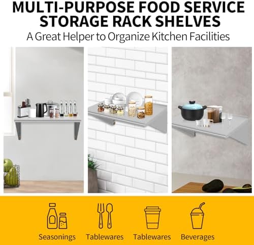 18" D x 24" W Stainless Steel Wall Mounted Shelves, Floating Shelving with Brackets, Commercial Shelf Perfect for Restau