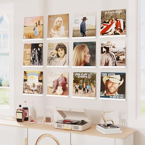 Emfogo Vinyl Record Shelf Wall Mount, 12 Pack Album Record Holder Wall, White12 inch Vinyl Record Storage Shelves Wall, 
