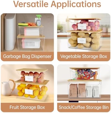 COAZEX 2 Pack Stackable Plastic Trash Bag Holder with Bamboo Lid Under Sink