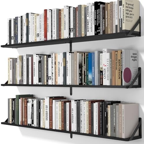 Heimlove 48 Inch Large Wall Bookshelves Set of 3, Wall Mounted Bookshelves,Heavy Duty Wooden Shelves for Living Room,Bed