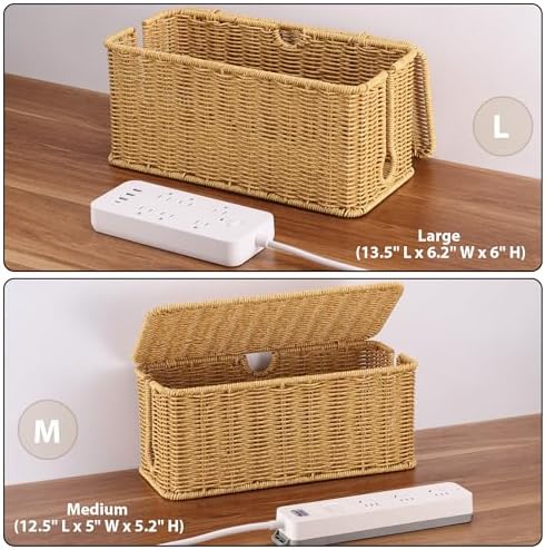 ZhiYo Rattan Cable Management Box, Brown Cord Organizer, 13.5" x 6.2" x 6"