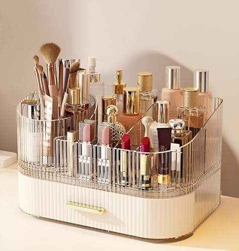 Makeup Organizer with Drawers, 360° Rotating Brush Holder