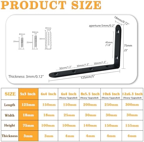 Alise Black Floating Shelf Brackets 5x3 Inch,L Brackets for Shelves,4 Pcs