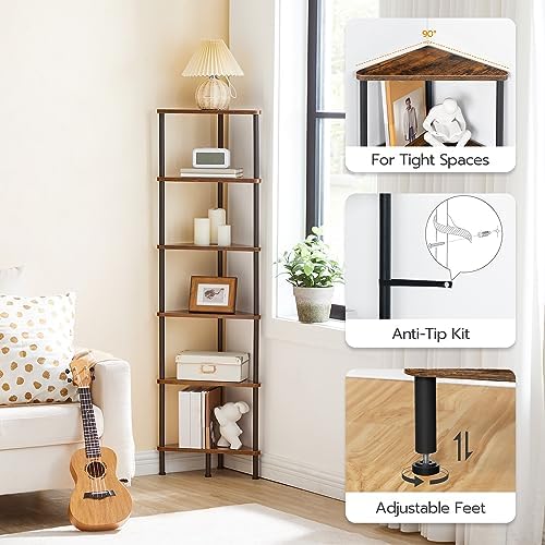 HOOBRO Corner Shelf Stand, Industrial 6-Tier Wall Corner Bookshelf with Metal Frame, Plant Display Shelf, Bookcase for S