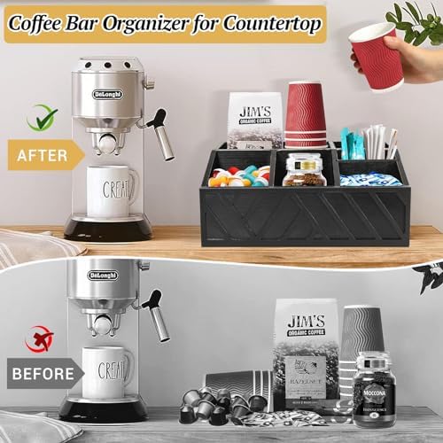 ugiftt Coffee Station Organizer for Counter, Wood Coffee Pods Holder Storage Basket, Tea Condiment Storage Organizer, Ru