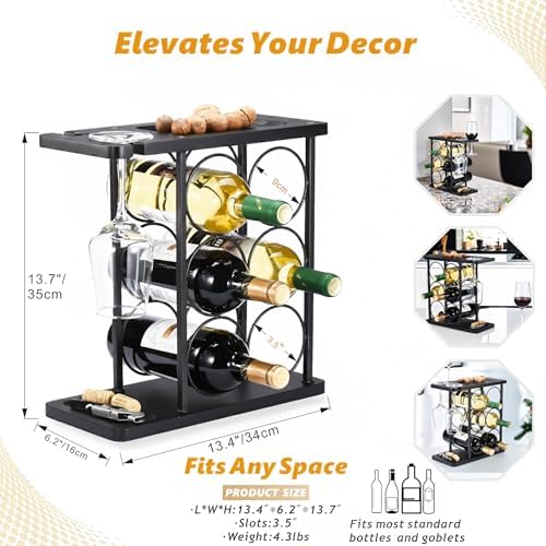ALLCENER Modern Wine Rack Countertop, Matte Black 6 Bottle Wine Rack with Glass Holder, Metal Wine Holder Stand with She