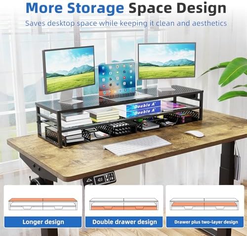 Simple Trending 2-Tier Metal Dual Monitor Stand with USB & 2 Drawers, Black
