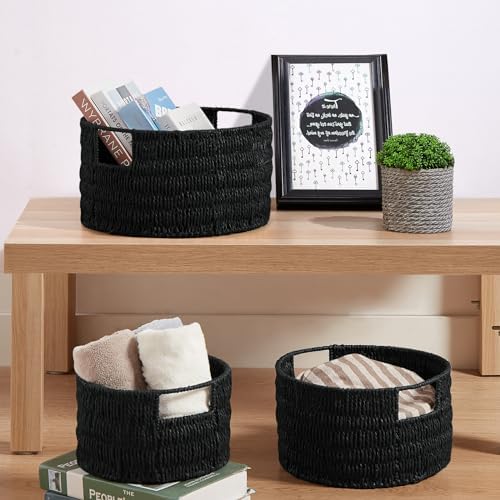 Vagusicc Wicker Storage Basket, Hand-Woven Paper Rope Large Round Woven Basket With Handles, Wicker Baskets for Organizing/Storage, Black, 3-Pack