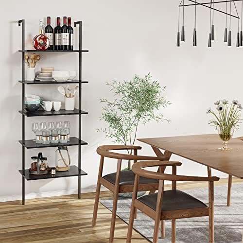 Ladder Shelf Bookshelf, 5-Tier Industrial Bookshelf with Metal Frame and Wood Board, Wall Mounted Bookcase Open Shelf Or