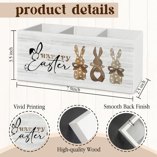 Happy Easter Bunny Decor, Bunny Rabbit Gifts, Bunny Easter Gifts for Women, Funny Pen Pencil Holder Organizer for Desk Accessories, Wooden Box Sign Desk Decor for Home Office Decoration