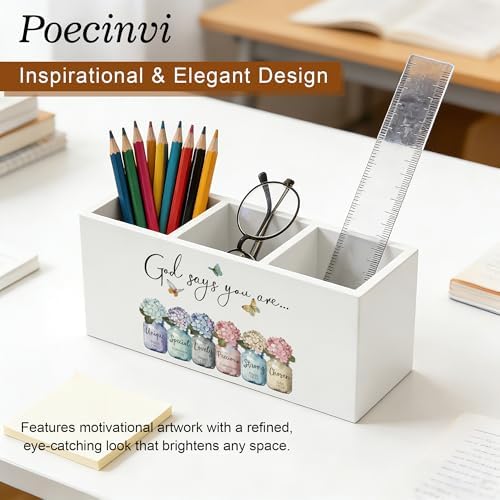 God Says You Are Hydrangea Christian Pen Holder for Home Office Desk, Christian Gifts for Women, Inspirational Flower Bible Verse Wooden Box Sign Pencil Holder for Desk Shelf Organizer