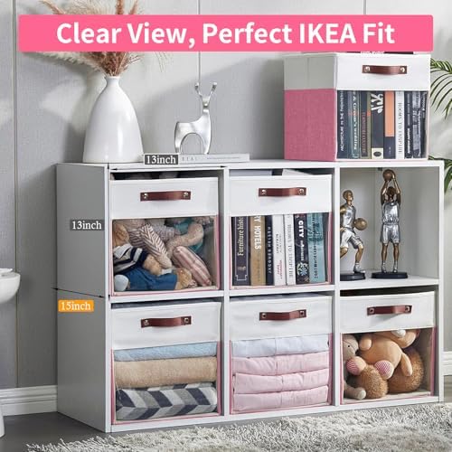 Bagnizer Storage Cubes, 4 Pack Linen Foldable Storage Bins with Clear Window and 2 Handles, 13x15x13 Storage Cube Bins for Shelf Closet, Kallax, Clothes, Books - (Pink / Off-White)