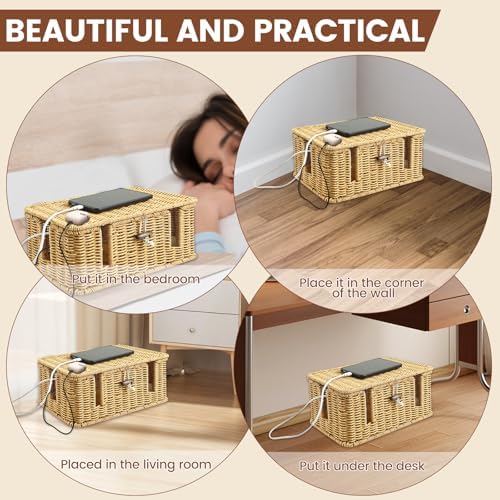 Handmade Cable Management Box, Imitation Rattan Cord Organizer Box with 2 Open Slots, Cable Organizer for Desk to Hide P