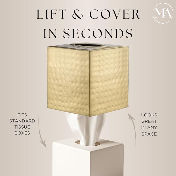 Monarch Abode Tissue Box Cover Square – Hand Hammered Brushed Gold Metal Tissue Holder Box for Bathroom Accessory, Aesthetic Decorative Facial Napkin Cube for Modern Home Decor