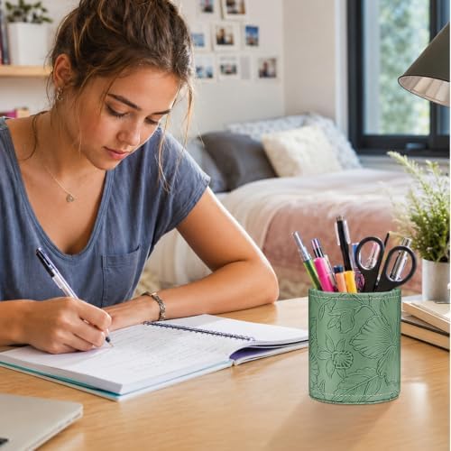 Round Leather Pen Holder for Desk, Desktop Organizer, (Carved Green)