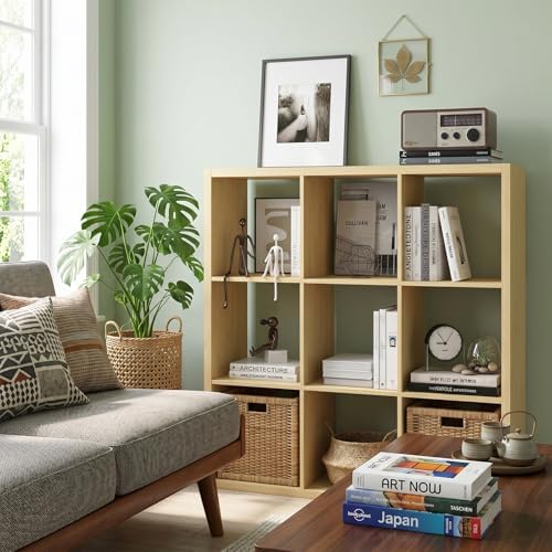 CTESNE【Wooden Thick Frame 9 Cube Storage Organizer Shelf with Anti-Tipping Kits + Reversible Open Back Bookcase, Horizon