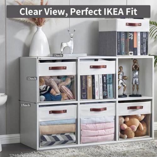 Bagnizer Storage Cubes, 4 Pack Linen Foldable Storage Bins with Clear Window and 2 Handles, 13x15x13 Storage Cube Bins for Shelf Closet, Kallax, Clothes, Books - (Gray / Off-White)