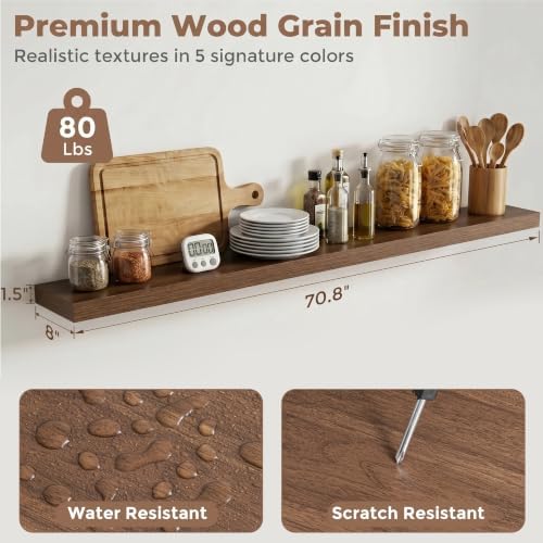8 inch Deep Floating Shelves for Wall, 72" Wide, Walnut Finish, 2-Pack
