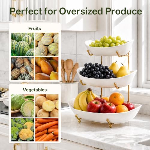 HBlife 3 Tier Large Fruit Bowl, Ceramic Fruit Basket for Kitchen Counter