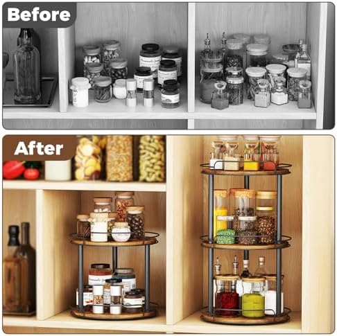 LAMU 10'' Wood Lazy Susan Turntable Organizer for Cabinet, 3 Tier Lazy Susan Spice Rack Organizer for Kitchen, Wood Turn