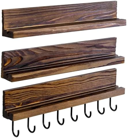 MyGift Rustic Burnt Solid Brown Wood Wall Mounted Challenge Coin Holder – Casino Chip Display Rack with Matte Black Meta