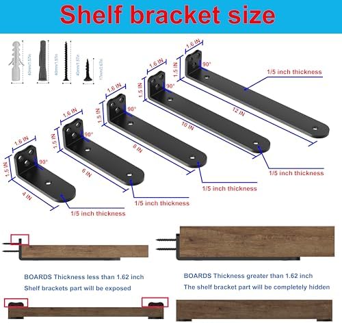 10Inch Black Heavy Duty Floating Shelf Bracket 4 Pack 3-Hole Mount
