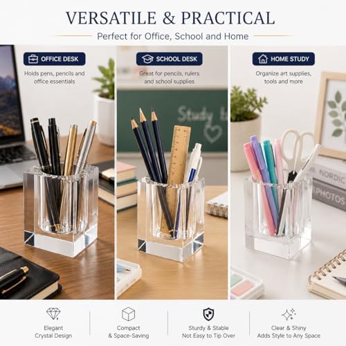 Coideal Glass Crystal Pen Pencil Cup Holder, Square Clear Small Desk Table Organizer Gift for Office School, Teacher and Student