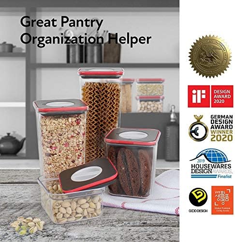 Neoflam Smart Seal 8pc Patent Airtight Kitchen Pantry Canister/Organizer Clear Plastic Container & Simple Twist, 100% Leak Proof, Dishwasher Safe, BPA Free, Dry Food Storage Set, Square, Black/Red Lid
