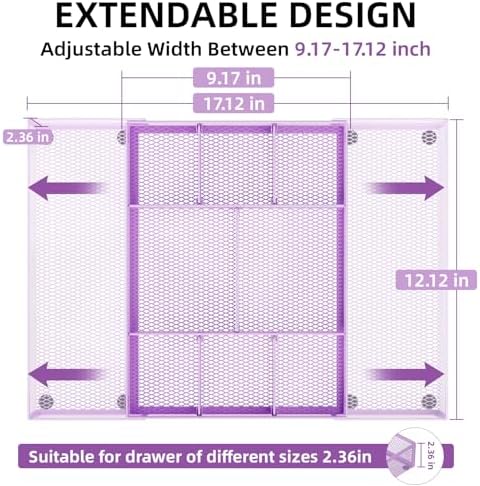 Marbrasse Expandable Desk Drawer Organizer, Mesh Drawer Organizer Tray with 10 Adjustable Compartments, Desk Organizers and Accessories for Office Supplies, Makeup & Vanity (Expandable-Purple)