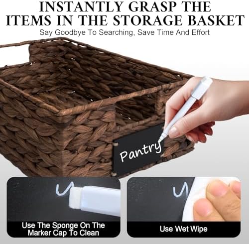 Set of 4 Sizes Hand-Woven Pantry Shelf Baskets, Hyacinth Storage Baskets with Chalkboard Labels & 2 Chalk Markers, Wicke