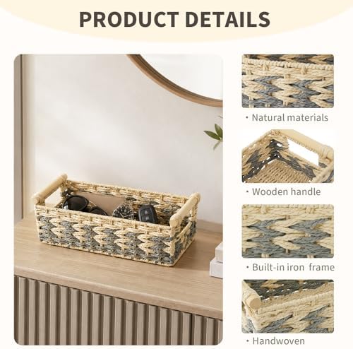 JJSQ Storage Baskets for Organizing with Handles Paper Rope Woven Storage Basket for Shelves Decorative Storage Bins for