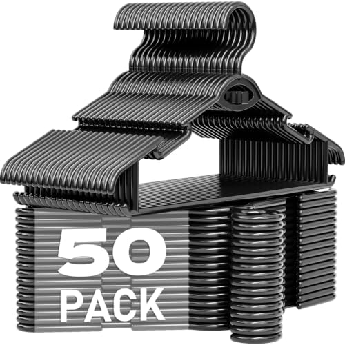 Heavy Duty Plastic Hangers 50 Pack, Stackable Space Saving, Black