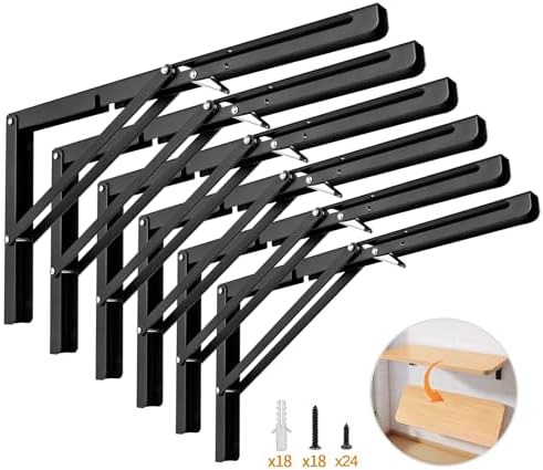 Yarssihha 16 Inch Folding Shelf Bracket, 6 Pack Heavy Duty Wall Mounted Foldable Brackets, Space-Saving Metal Collapsibl