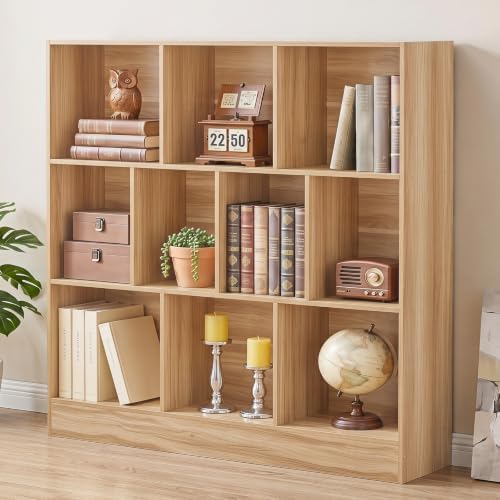 YAHARBO 3 Tier 10 Cube Long Horizontal Bookshelf,Under Window Shelf,Natural